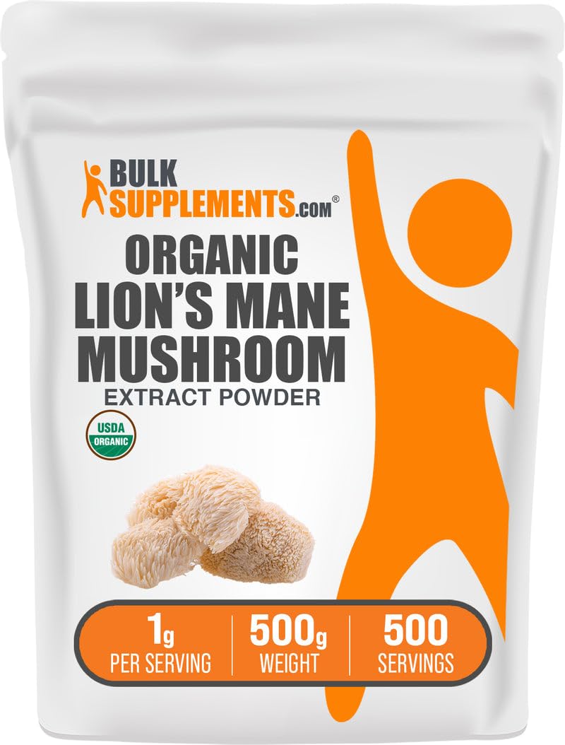 BulkSupplements envase frontal de Lion's Mane 500 g mostrando etiqueta y tamaño