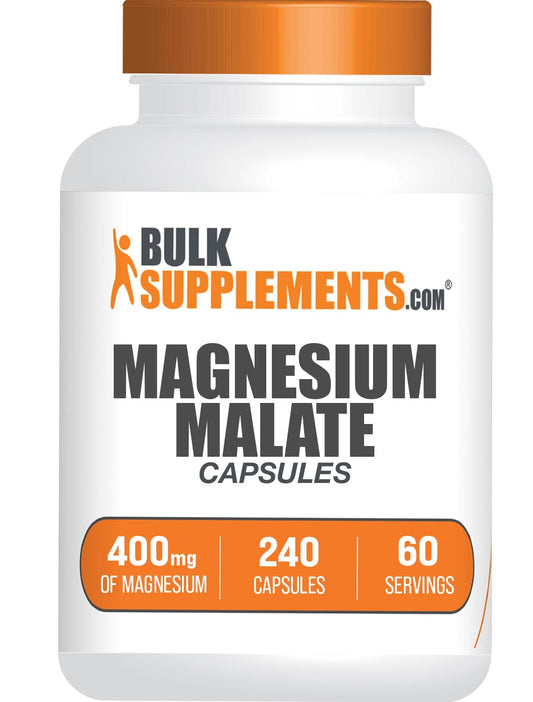 BulkSupplements frasco frontal mostrando Magnesium Malate y cantidad, confianza en calidad