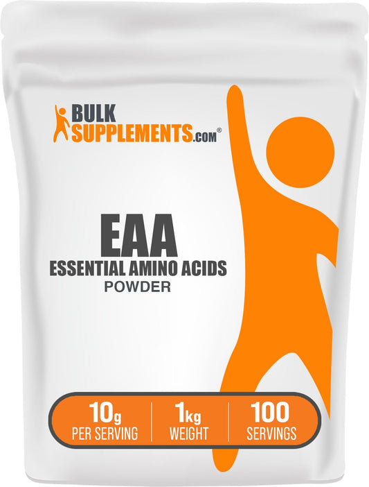 BulkSupplements frasco frontal del polvo EAA sin sabor mostrando tamaño y presentación