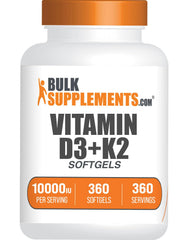 BulkSupplements frasco frontal con D3 K2 360 softgels mostrando tamaño y cantidad