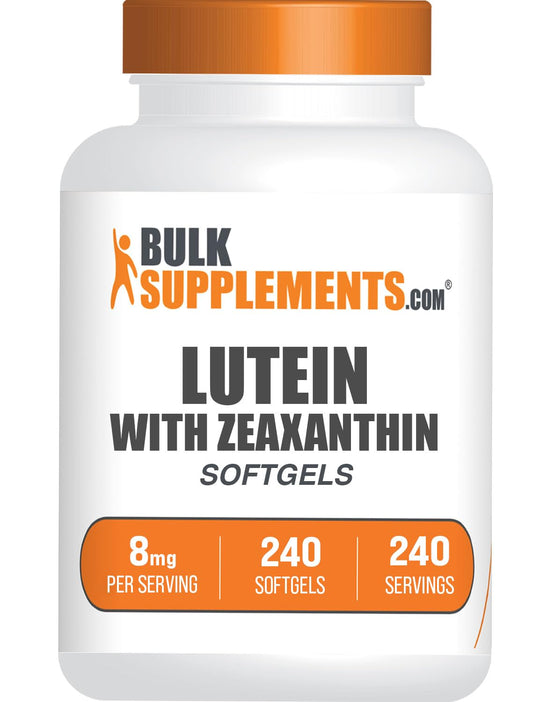 BulkSupplements frasco frontal de luteína y zeaxantina mostrando presentación y cantidad