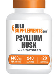 BulkSupplements frasco frontal de psyllium husk, presentación clara y práctica
