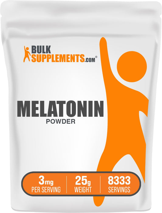 BulkSupplements frente del envase de melatonina mostrando etiqueta y tamaño