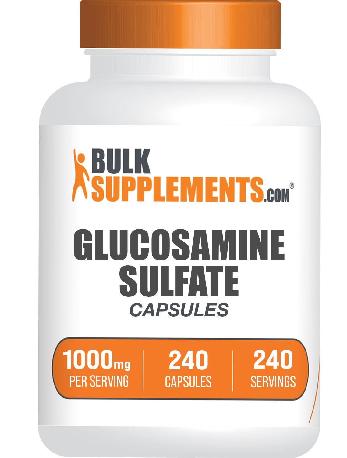 BulkSupplements envase frontal de glucosamina sulfato con dosis 1000 mg, facilidad de uso