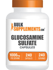BulkSupplements envase frontal de glucosamina sulfato con dosis 1000 mg, facilidad de uso