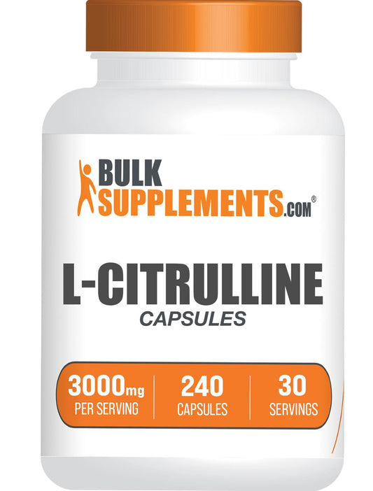 BulkSupplements envase frontal de cápsulas con dosificación visible y confianza