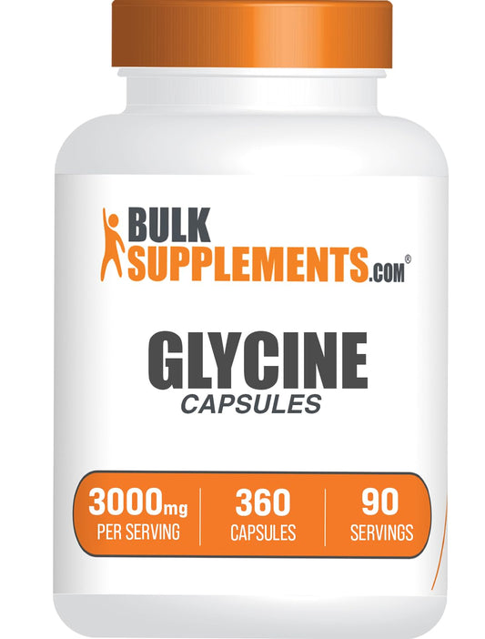 BulkSupplements frasco frontal de glicina mostrando etiqueta y ventaja de pureza
