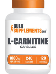 BulkSupplements frente del envase L-Carnitine mostrando dosis y 240 cápsulas beneficio claridad