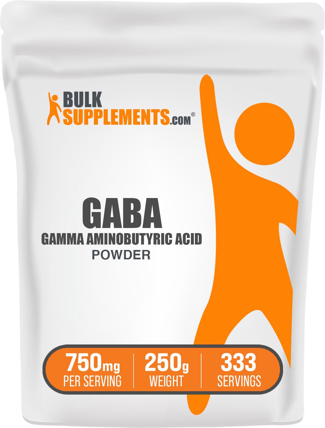 BulkSupplements envase frontal de GABA mostrando pureza y dosificación