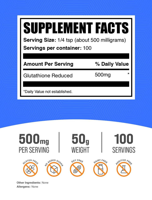 BulkSupplements primer plano del polvo de glutatión mostrando textura fina y fácil mezcla
