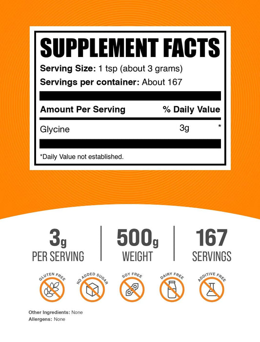 Polvo fino de BulkSupplements Glycine en primer plano mostrando textura y pureza.