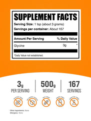 Polvo fino de BulkSupplements Glycine en primer plano mostrando textura y pureza.