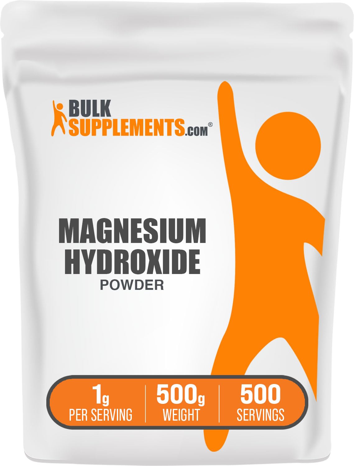BulkSupplements envase frontal del hidróxido de magnesio, presentación clara y confianza