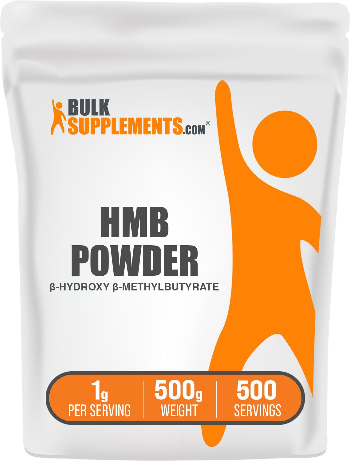BulkSupplements envase frontal de HMB en polvo mostrando etiqueta y tamaño
