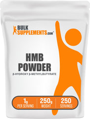 BulkSupplements envase frontal de HMB en polvo que muestra el tamaño y la presentación beneficiosa