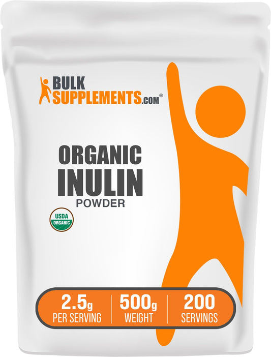 BulkSupplements paquete frontal de inulina orgánica mostrando tamaño y garantía