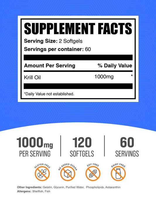 Bulksupplements krill aceite antartico 1000 mg; formato compacto para vida activa.