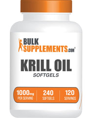 BulkSupplements frasco frontal de aceite de kril mostrando 240 cápsulas y beneficio de suministro prolongado