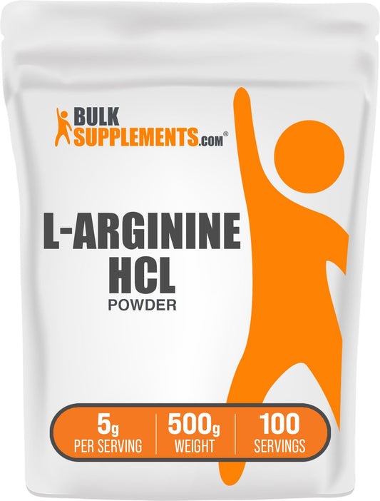 BulkSupplements envase frontal de L-Arginina HCl mostrando formato y beneficio de pureza