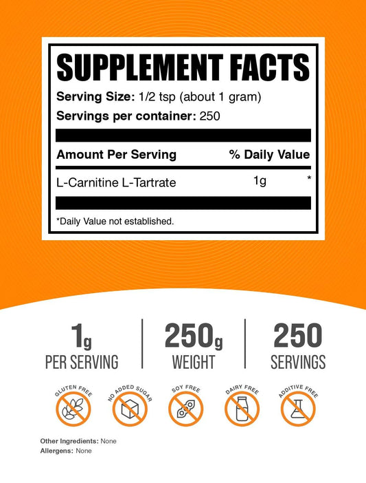 Close-up del polvo de BulkSupplements L-Carnitine L-Tartrate destacando textura fina y pureza