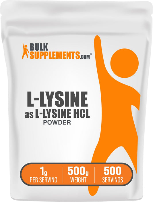 BulkSupplements envase frontal de L-Lysine mostrando etiqueta y tamaño