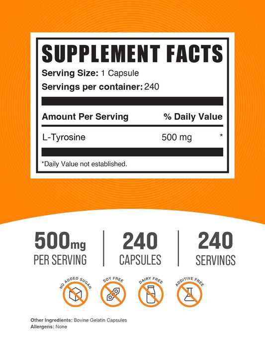BulkSupplements cápsula de L-Tyrosina en primer plano mostrando textura y pureza