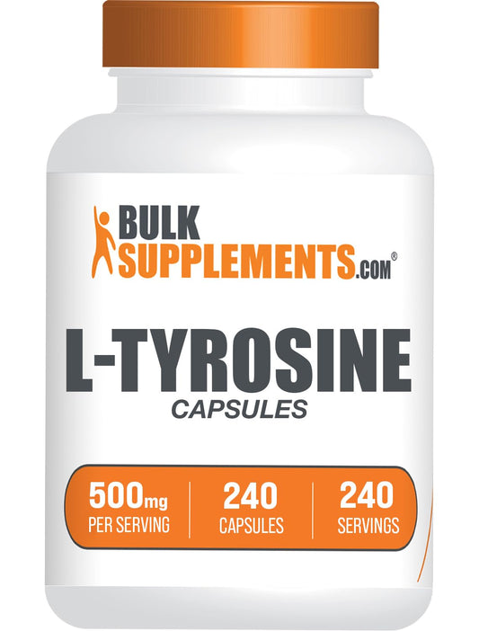 BulkSupplements envase frontal de L-Tyrosina 500 mg, presentación clara y fiable
