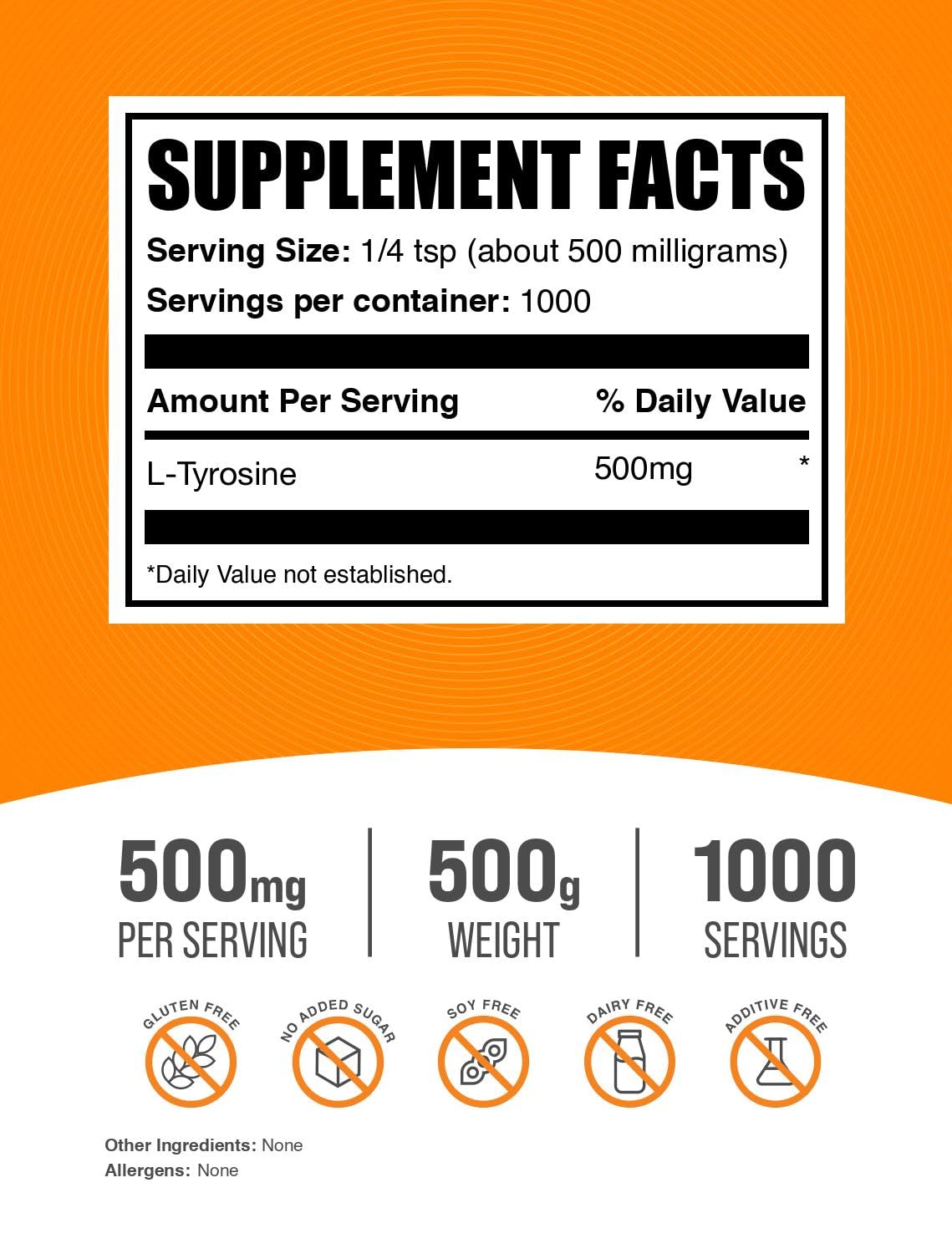 Polvo de L‑Tirosina BulkSupplements en primer plano, textura fina y fácil de mezclar