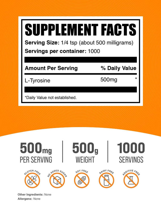 Polvo de L‑Tirosina BulkSupplements en primer plano, textura fina y fácil de mezclar