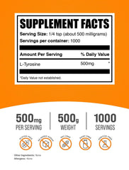 Polvo de L‑Tirosina BulkSupplements en primer plano, textura fina y fácil de mezclar