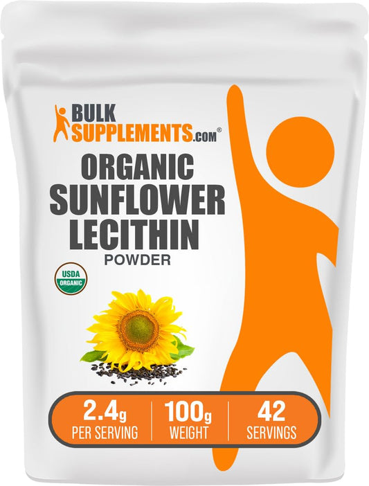 BulkSupplements paquete frontal mostrando lecitina de girasol y beneficio de confianza
