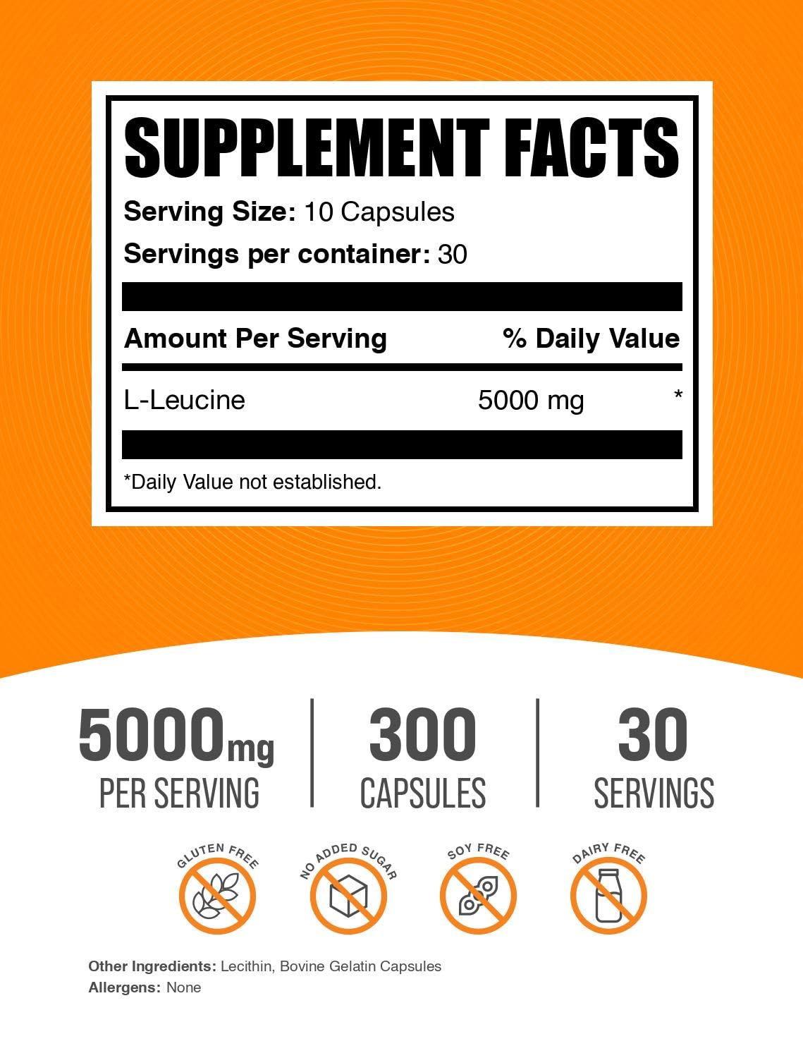 BulkSupplements primer plano de cápsula de L-Leucine mostrando textura uniforme y pureza