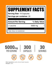 BulkSupplements primer plano de cápsula de L-Leucine mostrando textura uniforme y pureza