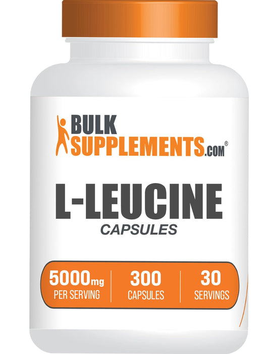 BulkSupplements frasco frontal de L-Leucine 300 cápsulas, formato claro y sin aditivos