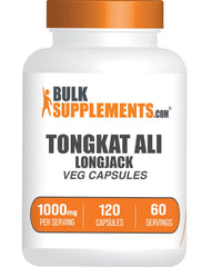 BulkSupplements envase frontal de Longjack muestra tamaño y cápsulas veganas