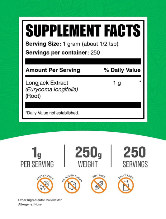 BulkSupplements textura del polvo Longjack visible y fácil de mezclar