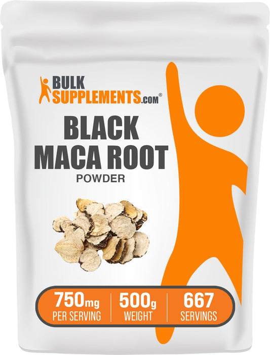 BulkSupplements envase frontal de maca negra mostrando etiqueta y peso para confianza