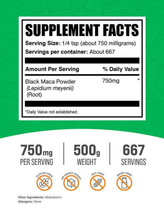BulkSupplements textura en polvo de maca negra, ideal para mezclar en recetas