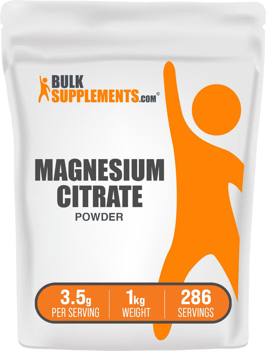 BulkSupplements envase frontal de Magnesium Citrate en polvo, calidad a granel