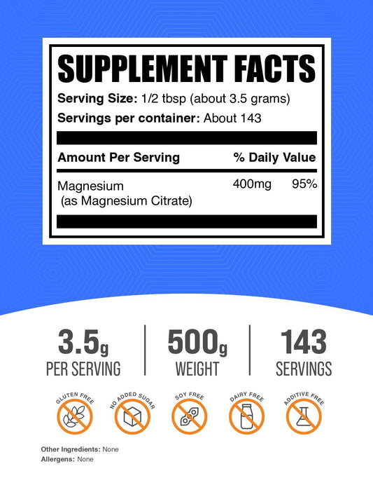 BulkSupplements textura fina del polvo de citrato de magnesio para disolución rápida