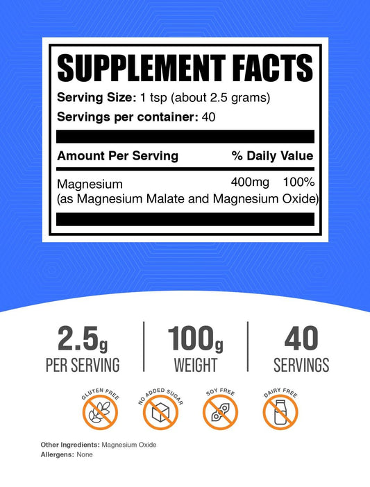 BulkSupplements Magnesium Malate Powder gluten-free formula suitable for versatile use.