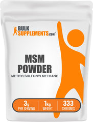BulkSupplements envase frontal de MSM en polvo mostrando presentación de 1 kg y claridad