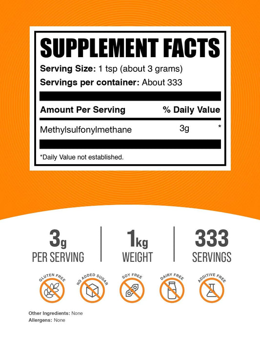 BulkSupplements detalle textura del polvo de MSM puro, ideal para mezclar fácilmente