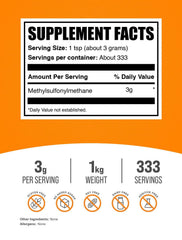 BulkSupplements detalle textura del polvo de MSM puro, ideal para mezclar fácilmente