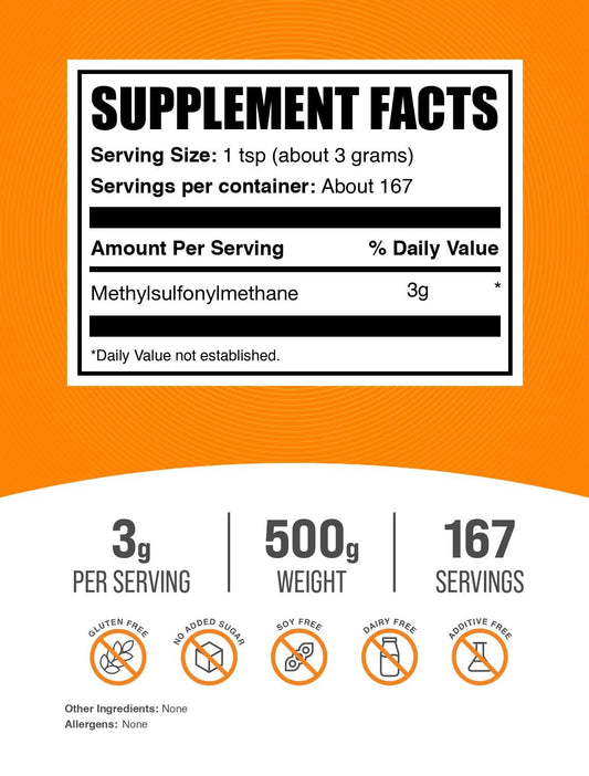 BulkSupplements acercamiento a la textura del polvo MSM, fácil de mezclar