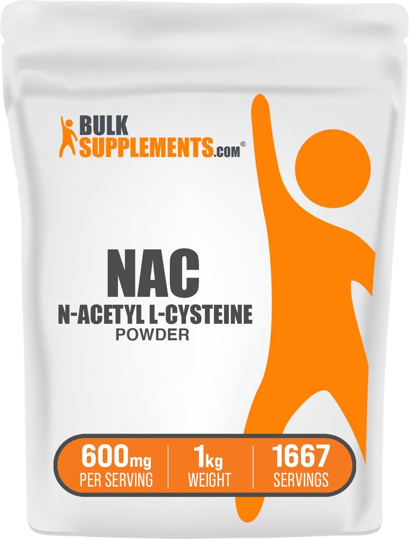 BulkSupplements envase frontal de NAC en polvo mostrando tamaño y marca, conveniencia