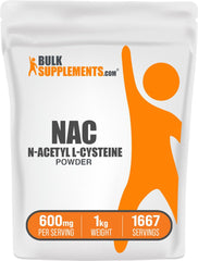BulkSupplements envase frontal de NAC en polvo mostrando tamaño y marca, conveniencia