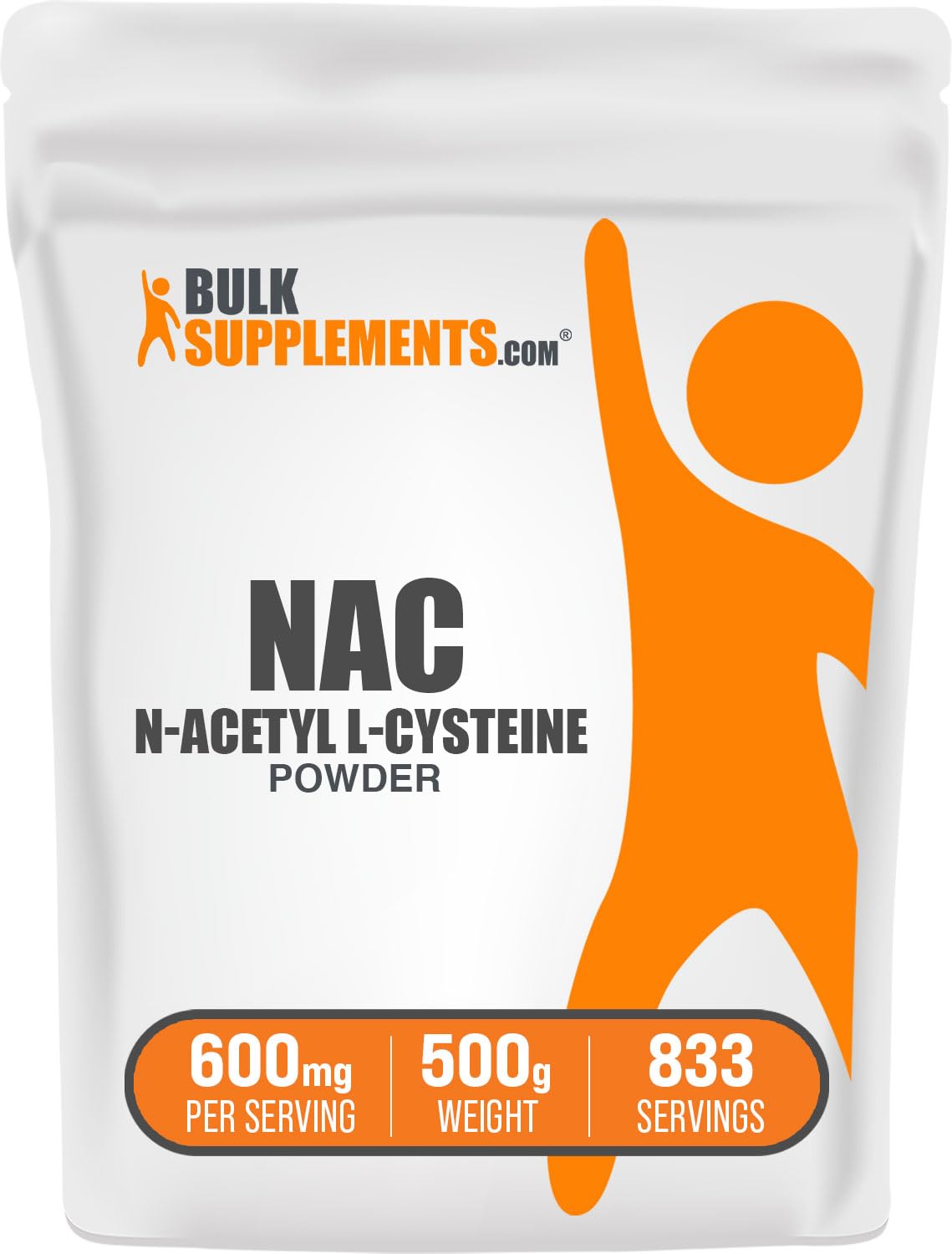BulkSupplements envase frontal de NAC 500 g mostrando el diseño y tamaño