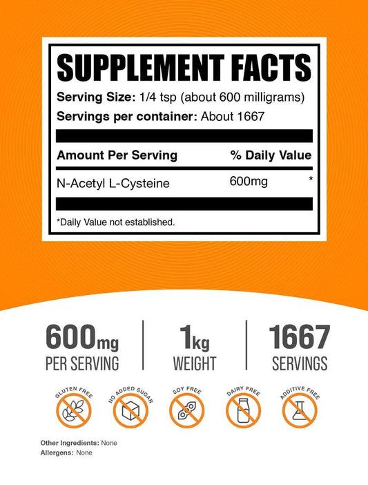 BulkSupplements detalle de polvo NAC sin sabor resaltando textura fina y pureza