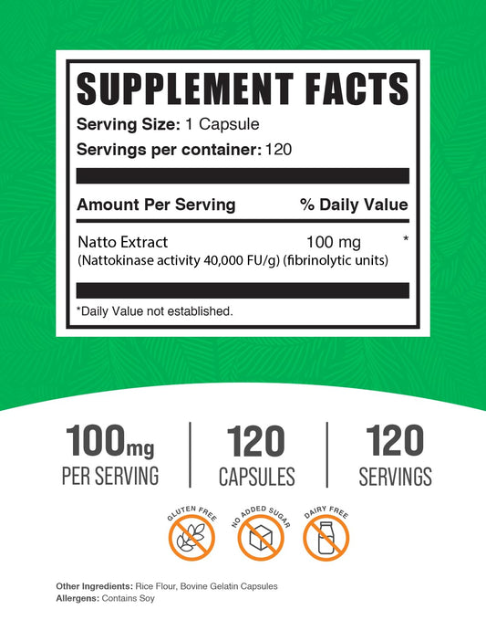 BulkSupplements primer plano de una cápsula de Nattokinase mostrando la forma y tamaño